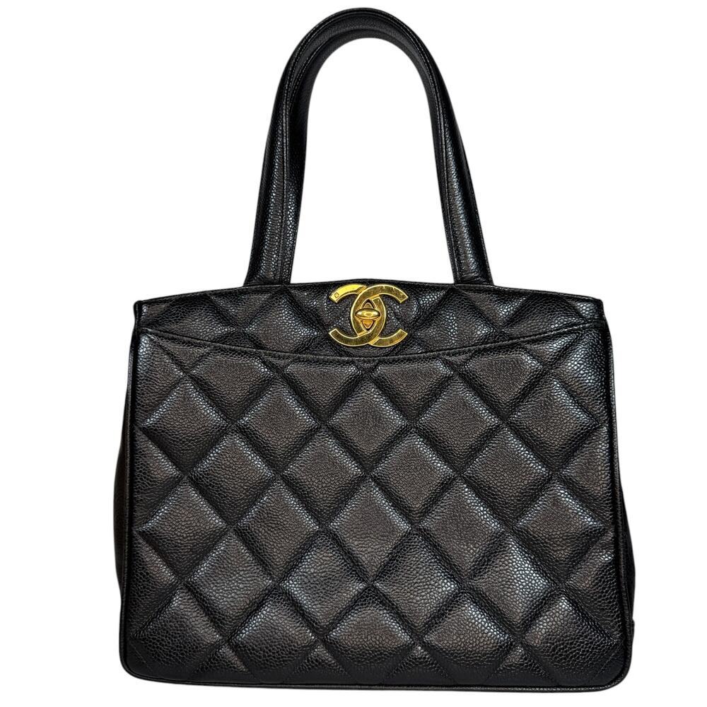 Chanel Caviar Vintage Tote Bag Quilted CC Turnlock Black/Gold Matelasse XL Logo